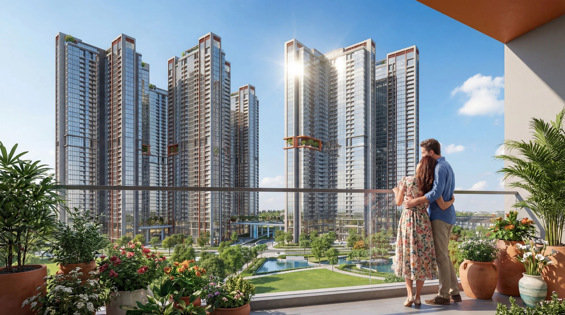 Phối cảnh góc ban công và không gian xanh trong khu đô thị
